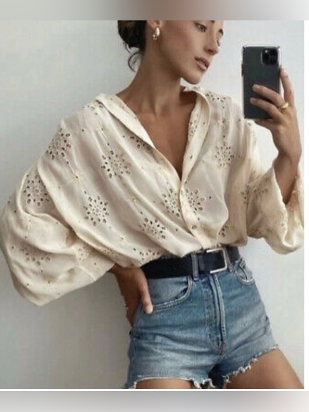 Zara Cream Eyelet Balloon-Sleeve Button-Down Shirt, Size S